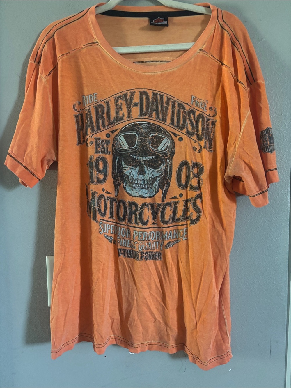 Harley-Davidson Orange Graphic Tee with Skull and Goggles